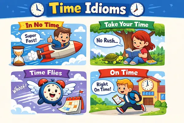Colorful cartoon illustration of time idioms including in no time, take your time, time flies, and on time, each represented with clocks, characters, and playful scenes.