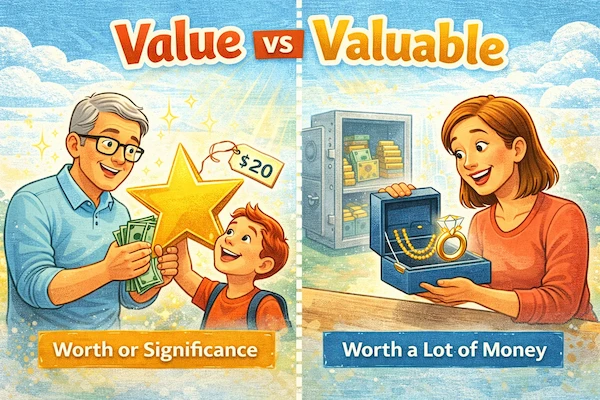 Landscape illustration comparing Value vs Valuable, showing value as importance or significance and valuable as objects that are expensive or worth a lot of money.