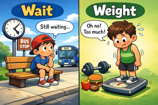 Cartoon comparison of wait and weight with a child waiting for a bus and another child checking his weight on a scale to highlight spelling and meaning differences.