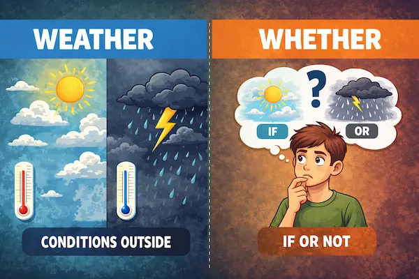 Landscape illustration comparing Weather and Whether, showing sunny and stormy conditions versus a person thinking about choices with if-or-not symbols.