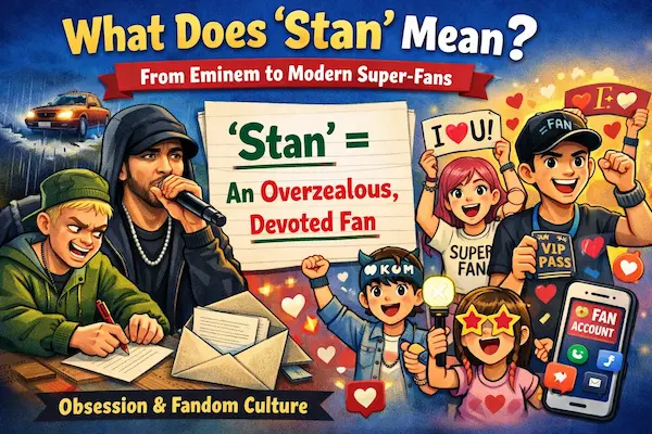 Cartoon illustration showing the evolution of the word “stan,” from an obsessed Eminem fan in the song to enthusiastic modern superfans expressing devotion.