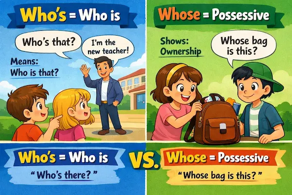 Educational cartoon showing the difference between who’s meaning who is and whose showing possession, with friendly characters and clear text examples.