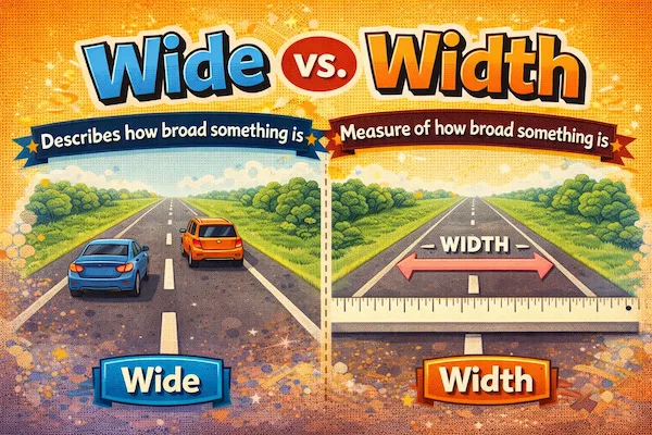 Landscape illustration comparing wide and width, showing a broad road for description and measurement arrows with a ruler to explain the difference.