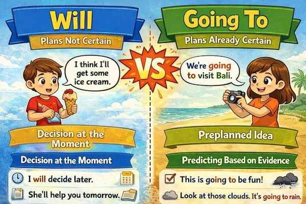 Cartoon landscape illustration comparing will vs going to, highlighting instant decisions and preplanned future actions with clear visual examples.