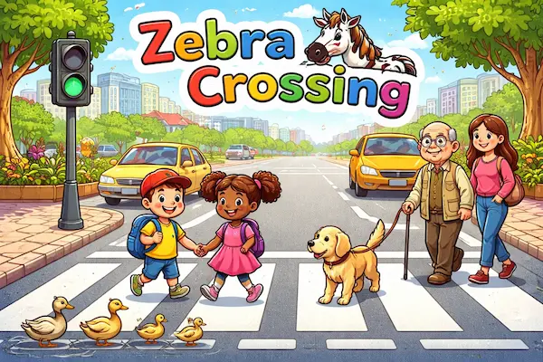 Cartoon illustration of a zebra crossing with pedestrians crossing the road safely as cars stop and traffic signals are visible.