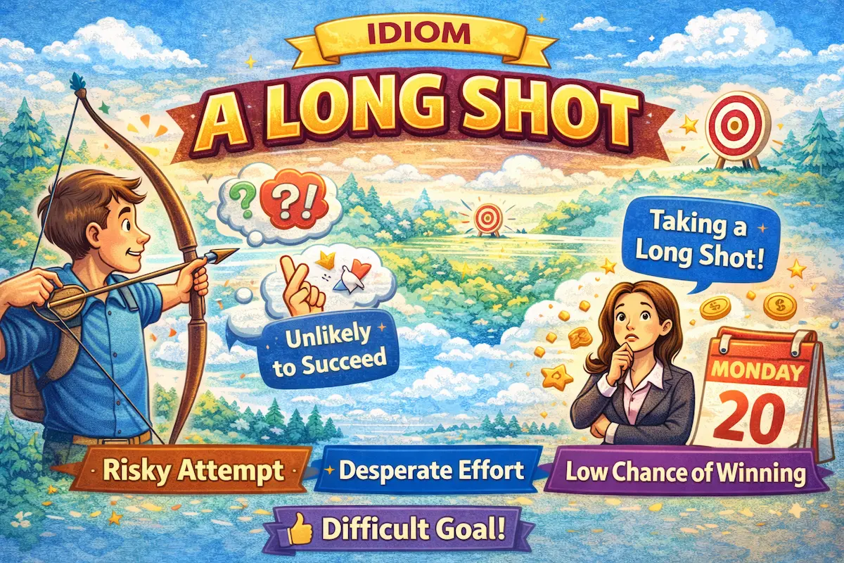 Colorful landscape illustration of the idiom “A Long Shot,” showing an archer aiming at a far target and labels like risky attempt, desperate effort, and low chance of winning.