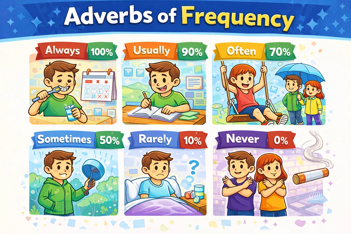Cartoon illustration explaining adverbs of frequency with visual examples for always, usually, often, sometimes, rarely, and never in daily life situations.