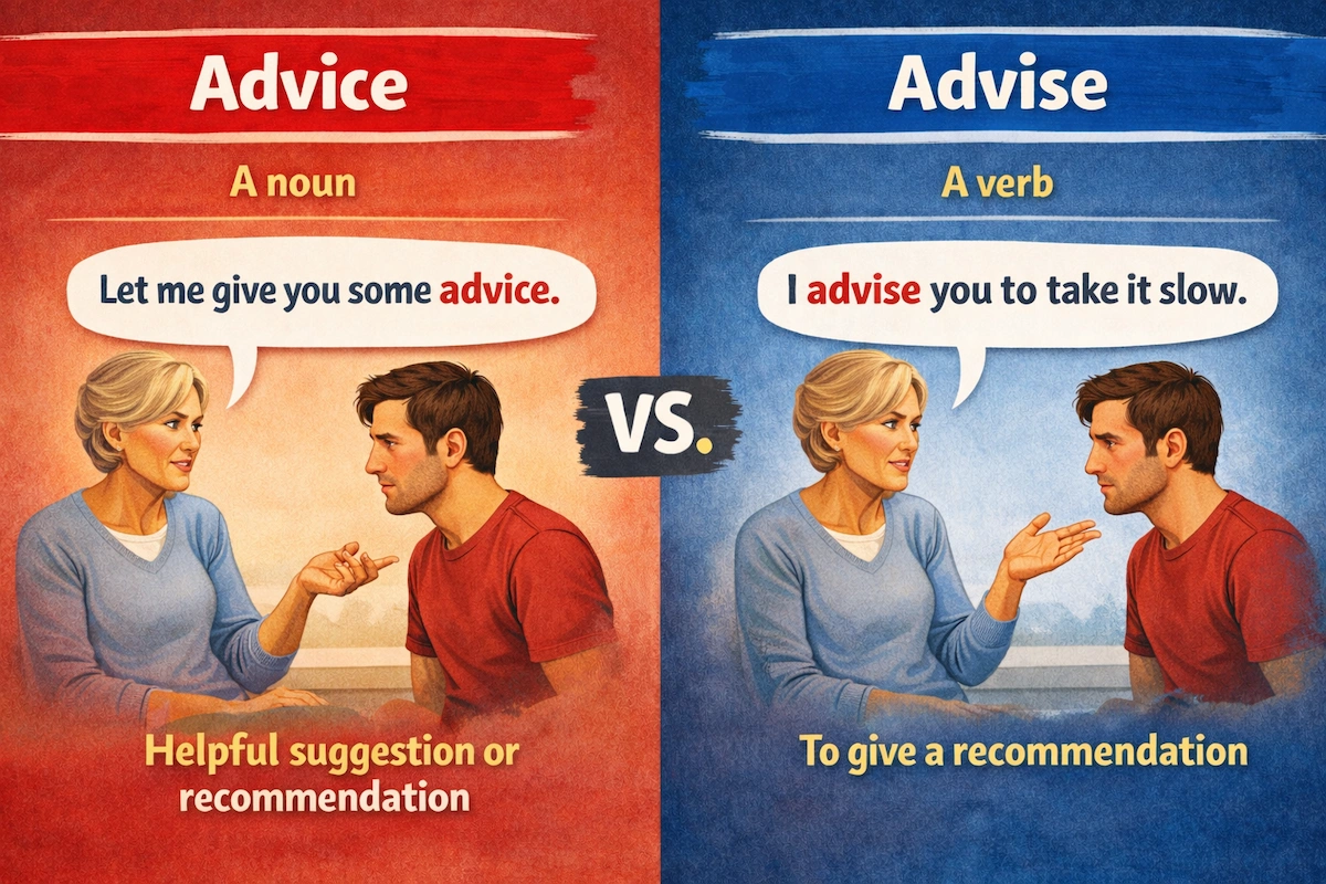 Landscape illustration comparing advice and advise, with advice shown as a noun meaning suggestion and advise shown as a verb meaning to recommend.