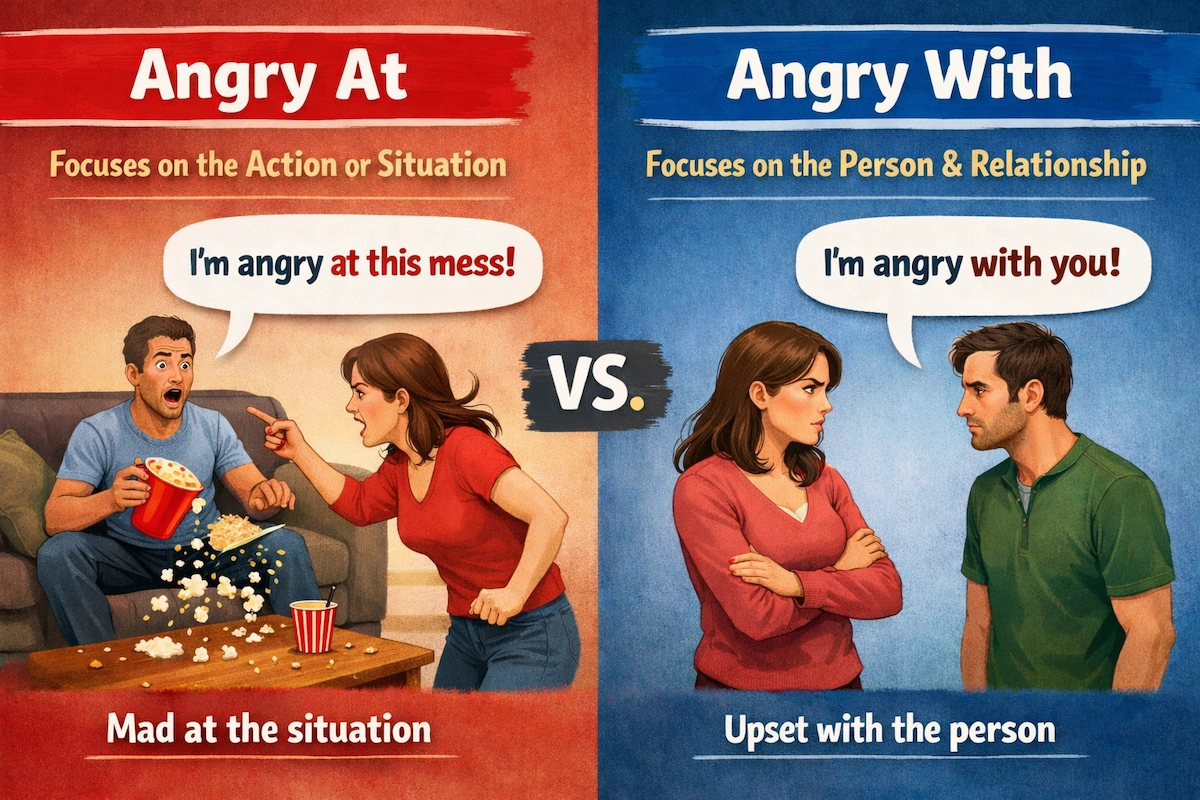 Landscape split-screen cartoon showing “Angry at” for a situation and “Angry with” for a person, with both phrases shown inside speech bubbles.
