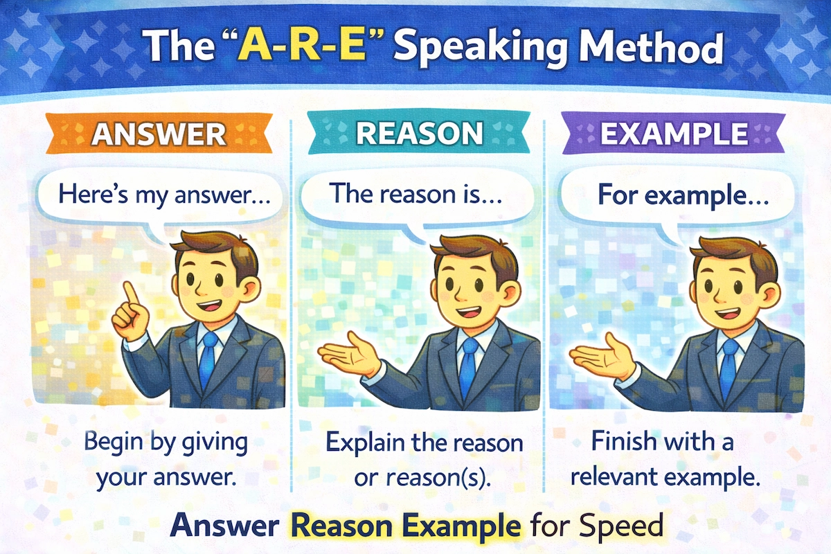 Cartoon illustration of the A-R-E Speaking Method showing Answer, Reason, and Example steps to help structure fast and clear spoken responses.