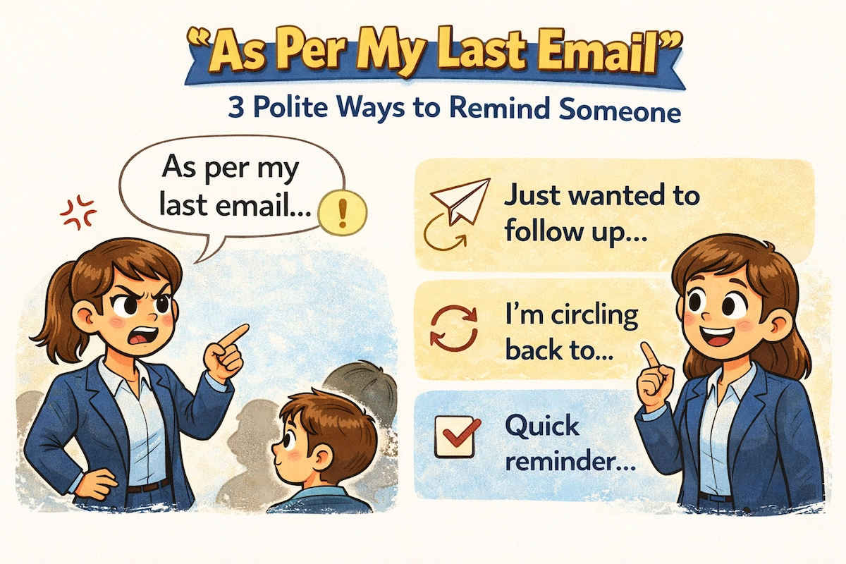 Cartoon illustrating the phrase “As per my last email” alongside three more polite alternatives for sending reminders in professional email communication.