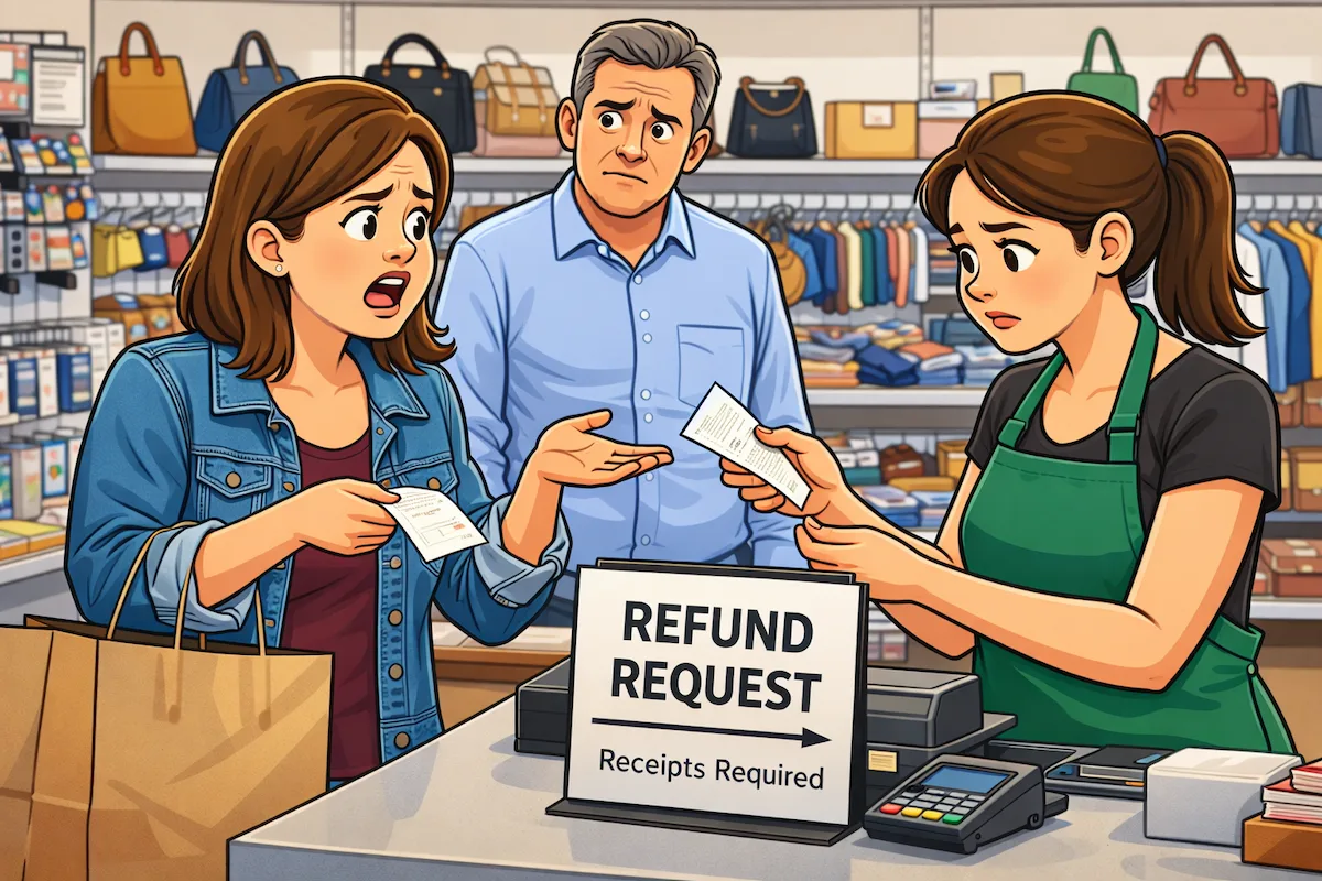 Cartoon store checkout scene of a customer requesting a refund, showing a receipt, a cashier checking it, and a refund request sign.