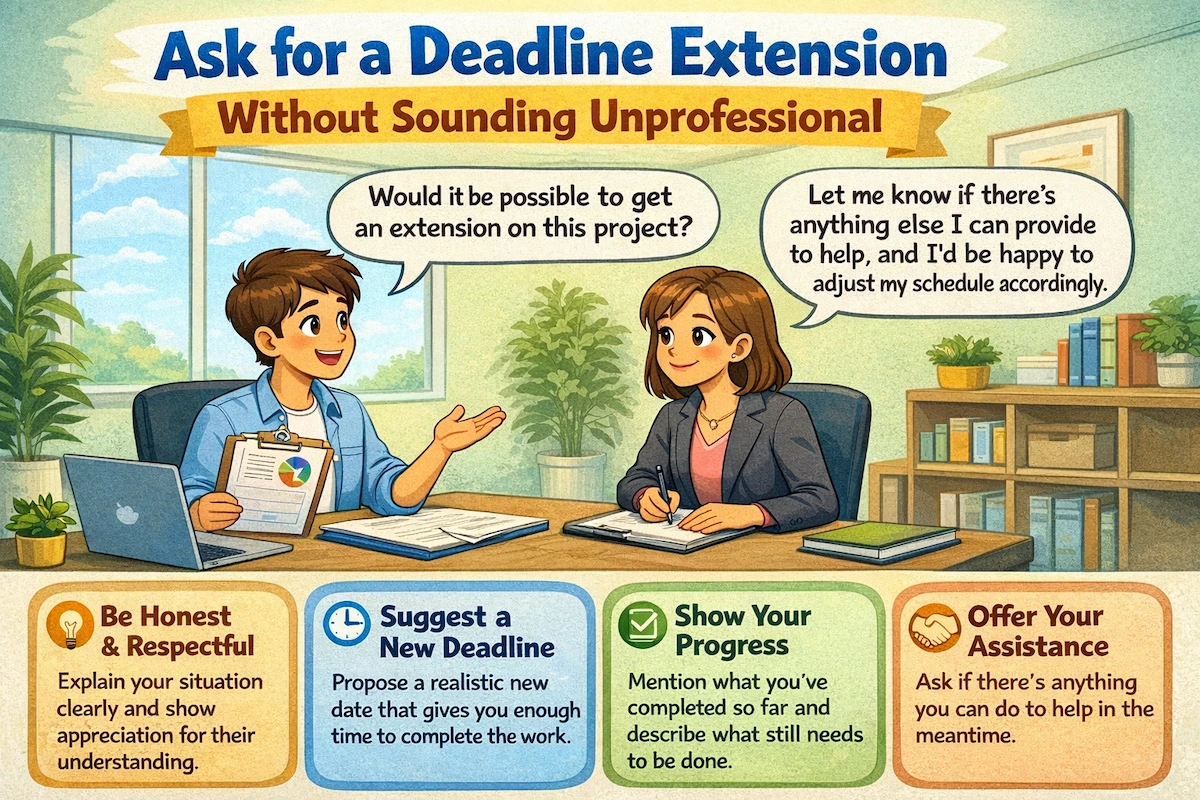 Cartoon landscape illustration of an office discussion where an employee politely asks a manager for a deadline extension, emphasizing professional tone, respect, and clear communication.