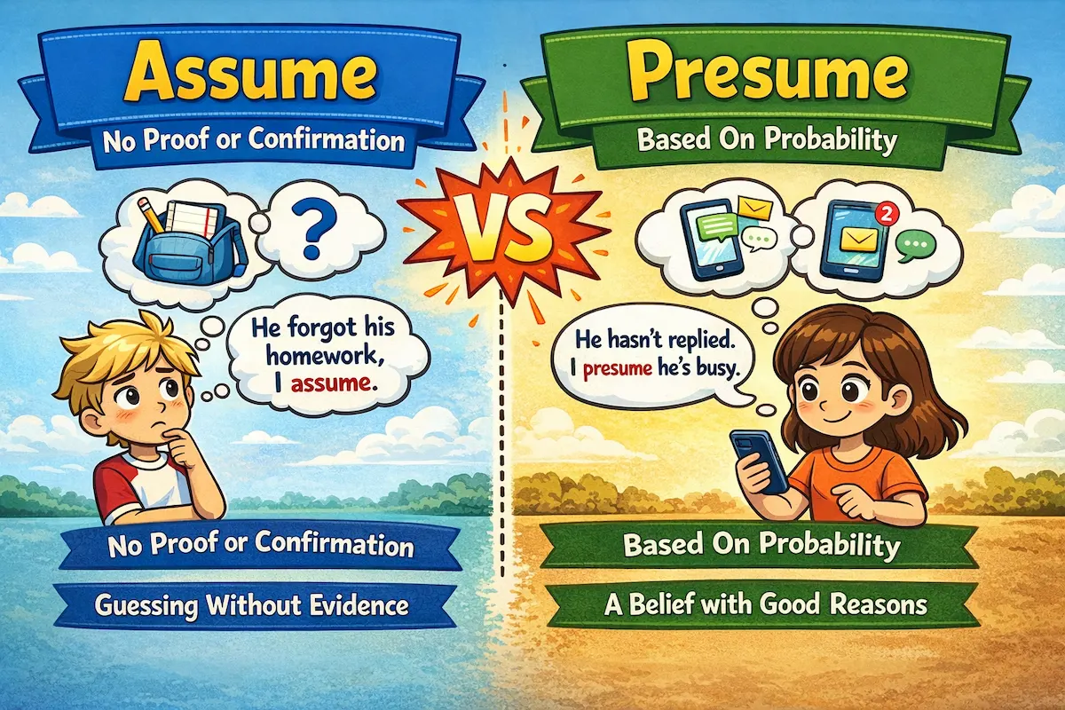 Cartoon landscape illustration comparing assume and presume, highlighting lack of proof versus probability-based reasoning with clear visual examples.