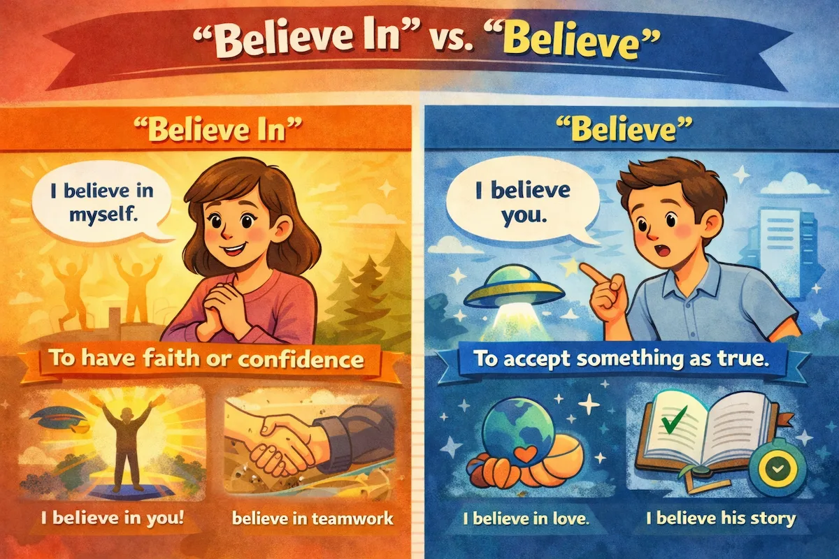 Cartoon landscape illustration comparing “Believe in” and “Believe,” highlighting faith or confidence on one side and accepting facts or statements as true on the other.