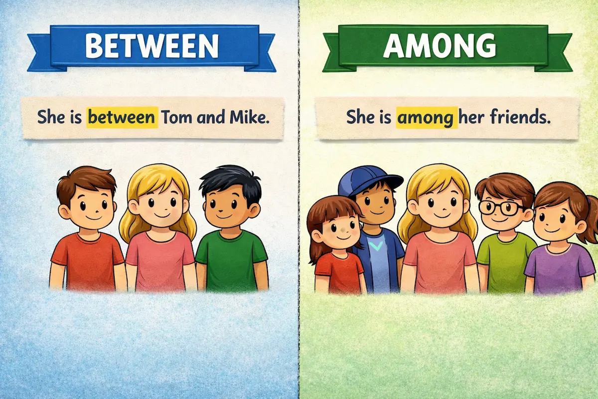 Landscape educational illustration comparing “between” and “among,” with examples showing one person between two individuals and one person among a larger group.