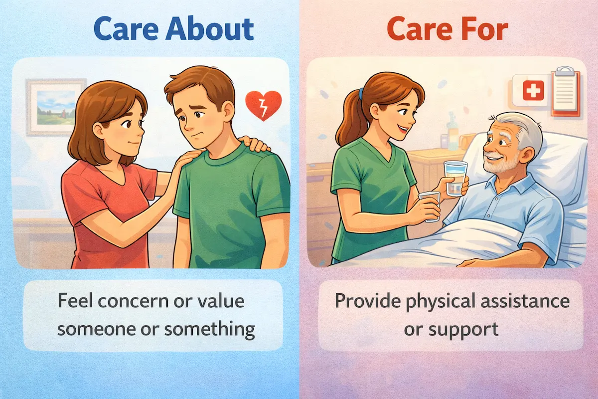 Cartoon illustration comparing care about and care for in English, with scenes of emotional concern versus providing hands-on care and assistance.