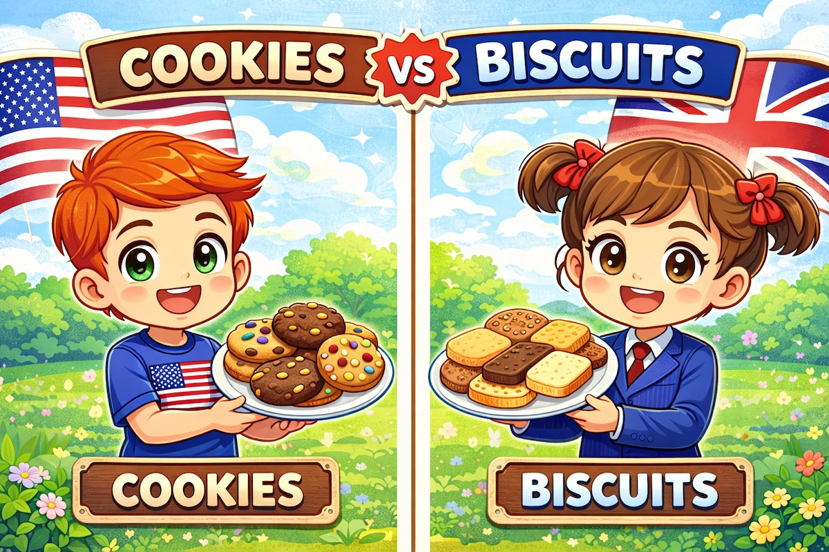 Cartoon illustration comparing American cookies and British biscuits, with children holding different treats and national flags highlighting American vs British English usage.