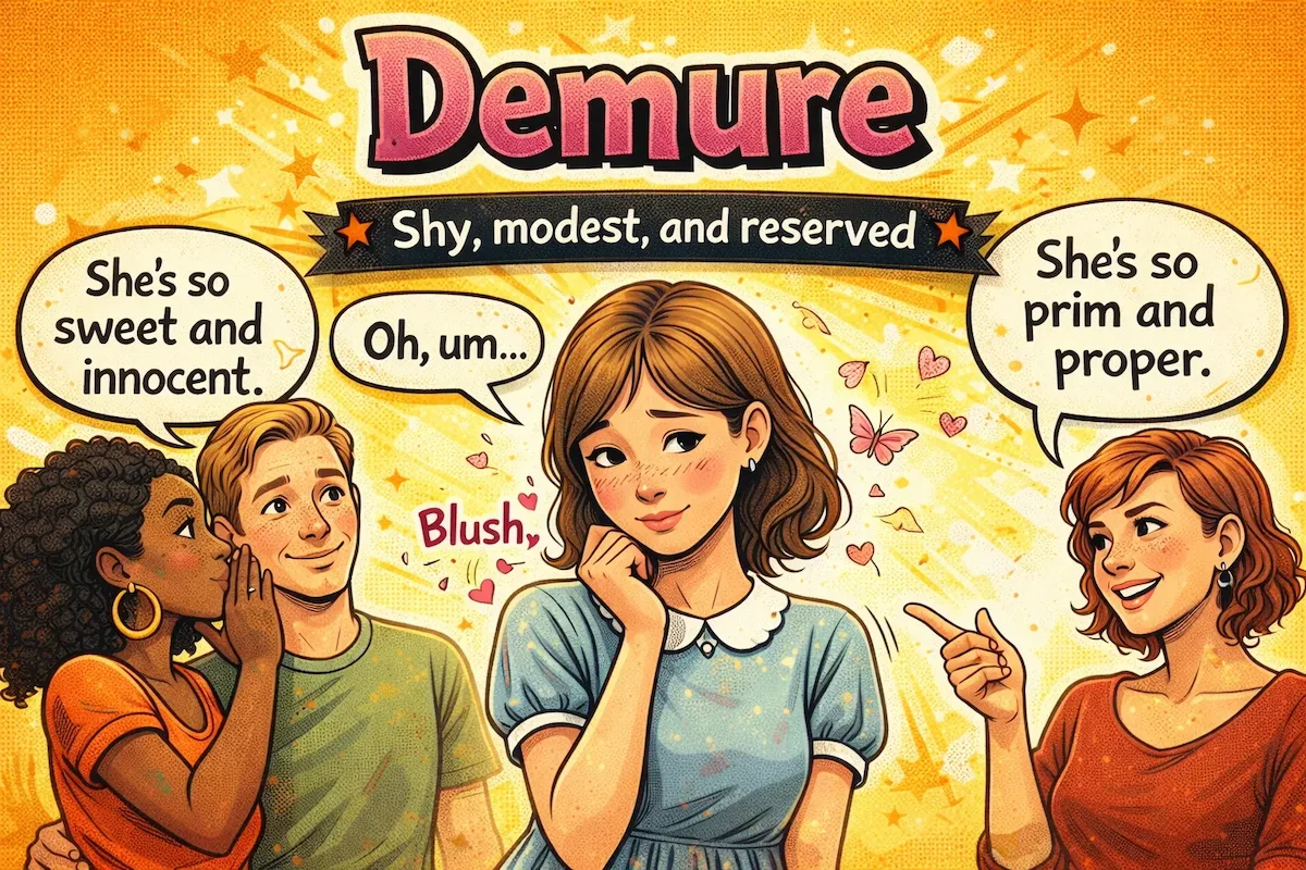 Landscape illustration explaining the slang demure, showing a shy and modest person with soft expressions, quiet posture, and a reserved, gentle demeanor.