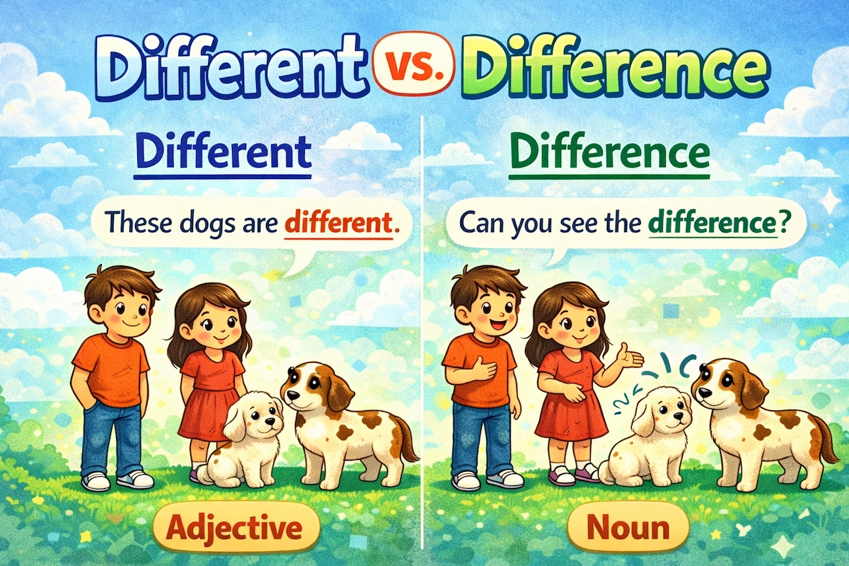 Cartoon illustration comparing “different” and “difference,” demonstrating their grammatical roles with children and dogs to show how the adjective and noun are used in context.