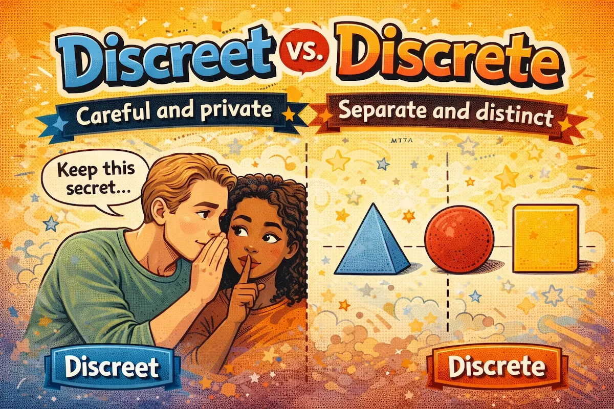 Landscape illustration comparing discreet and discrete, showing private whispering on one side and separate distinct shapes on the other to explain the difference.