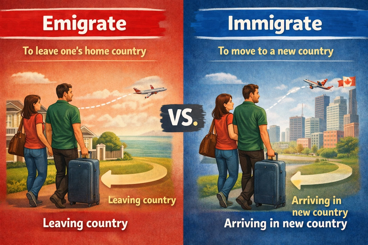 Landscape illustration comparing emigrate and immigrate, with one side showing leaving a home country and the other showing arrival in a new country.