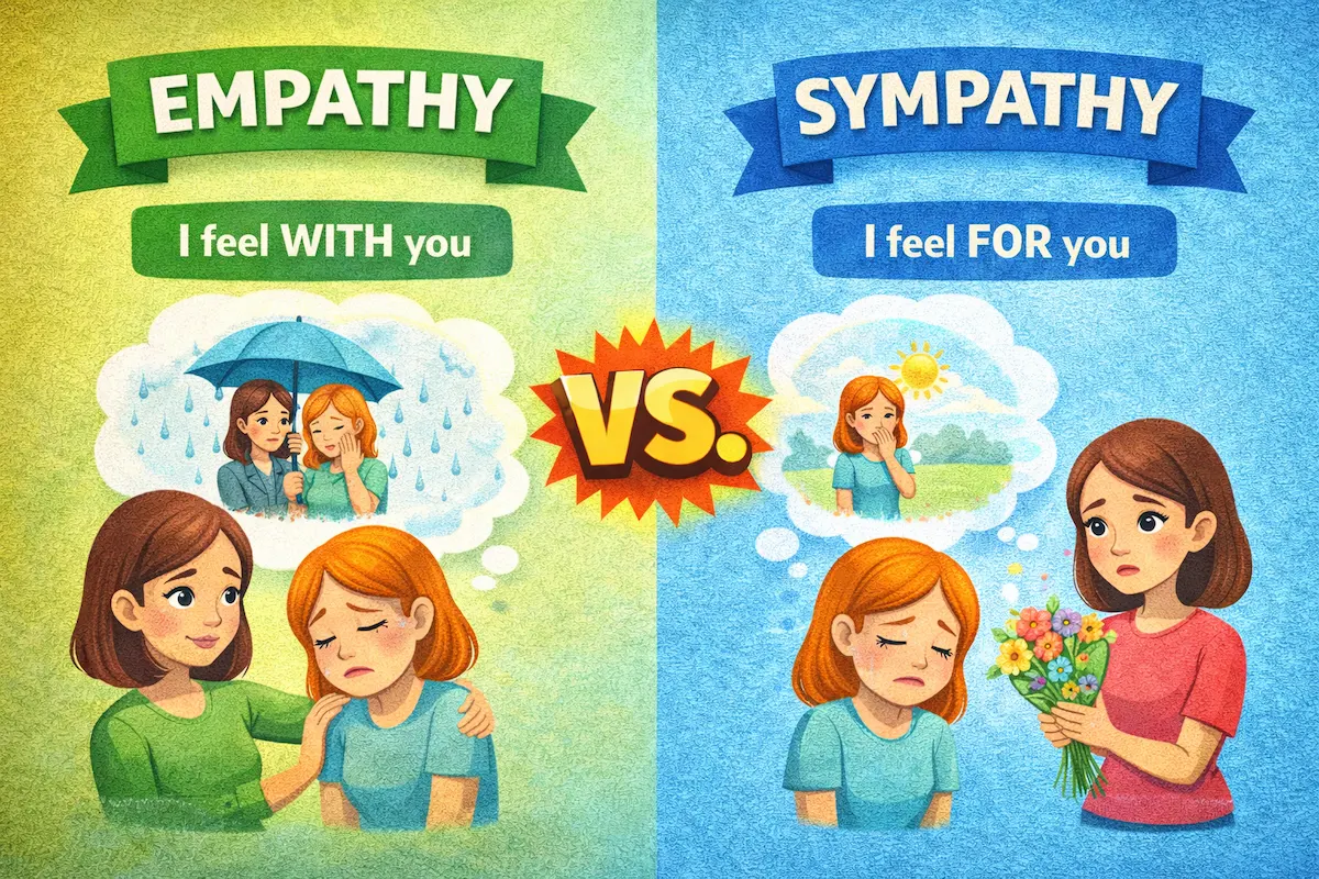 Landscape cartoon explaining empathy versus sympathy, with one side showing emotional sharing and comfort, and the other showing concern and kindness without shared feelings.