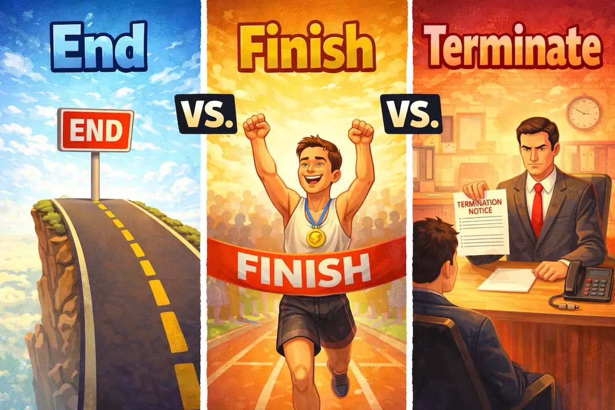 Landscape illustration comparing end, finish, and terminate, with a road ending, a runner crossing a finish line, and a formal termination scene.