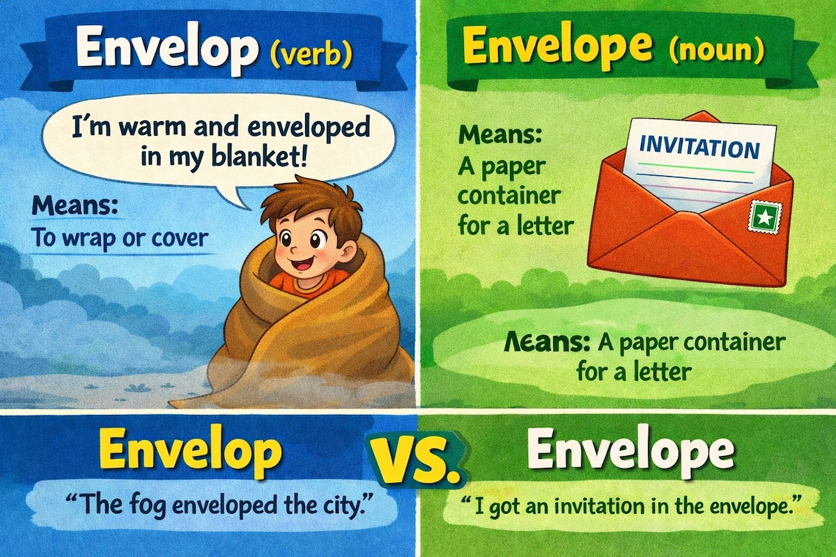Educational cartoon comparing envelop as a verb meaning to wrap and envelope as a noun meaning a paper container for letters, shown with simple visual examples.