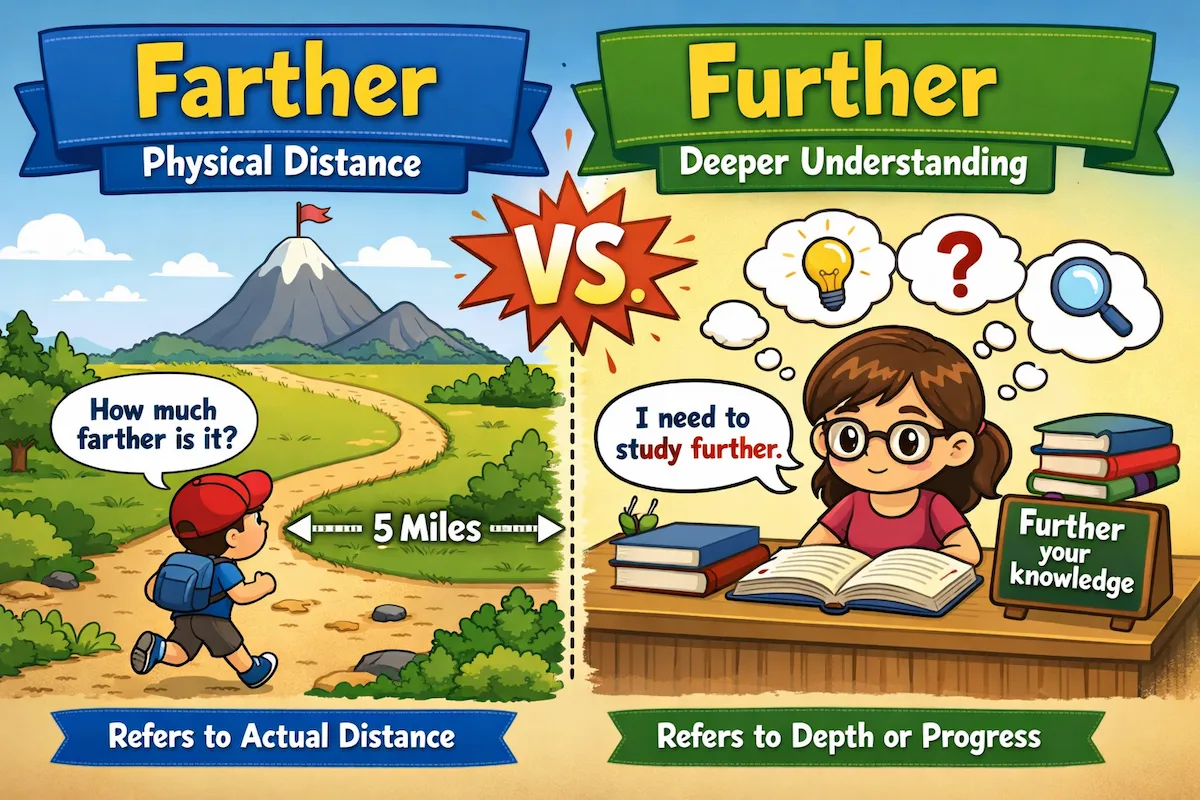 Cartoon comparison of farther vs further, illustrating physical distance with a path and abstract progress with studying and ideas.
