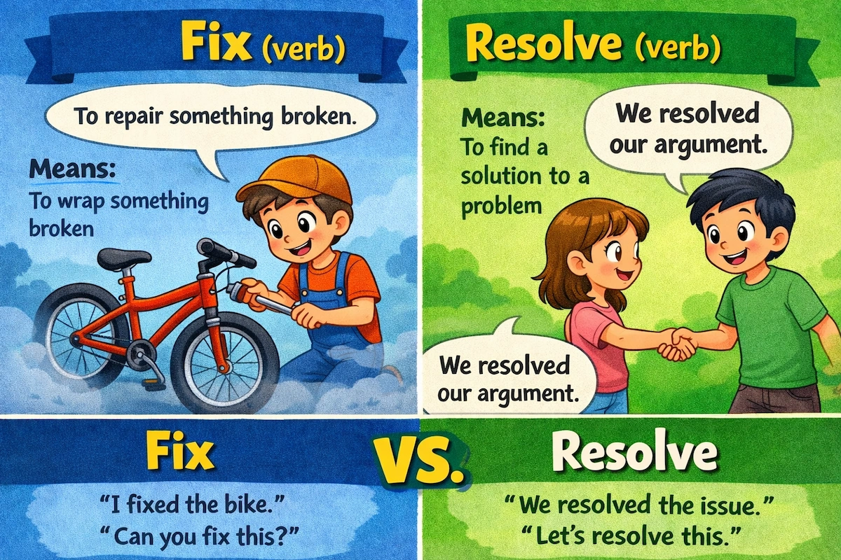 Educational cartoon explaining the difference between fix and resolve, with fix shown as repairing a broken object and resolve shown as finding a solution to a problem.