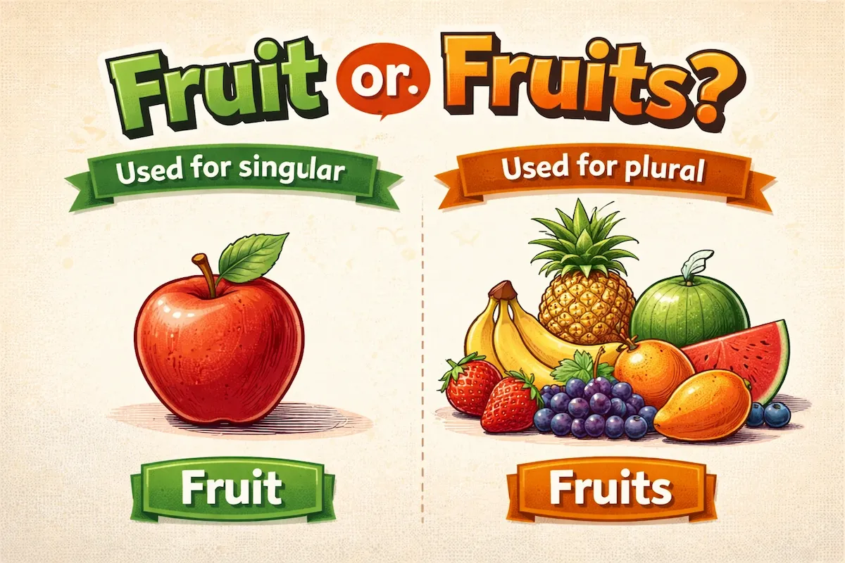Landscape illustration comparing fruit and fruits, showing a single apple for fruit and several different fruits to represent the plural form.