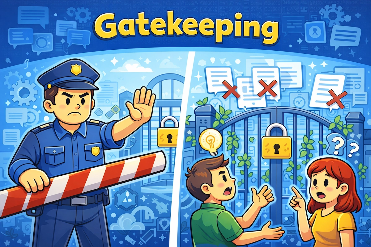 Cartoon illustration of gatekeeping showing a guard blocking a gate while people are confused behind locked information, symbolizing restricted access to knowledge online.