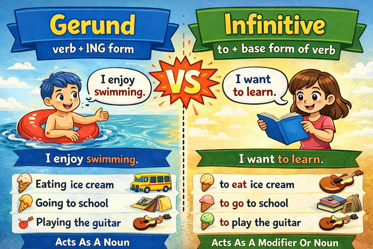 Cartoon landscape illustration explaining gerund vs infinitive, highlighting verb plus ing forms and to plus base verb forms with simple examples.