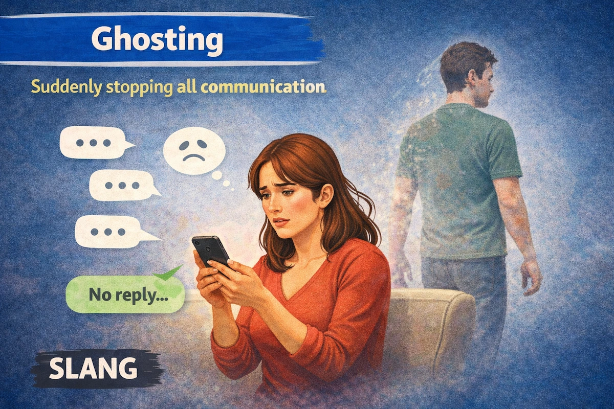 Landscape illustration showing the meaning of ghosting, with unanswered messages, a confused person holding a phone, and another figure fading away.