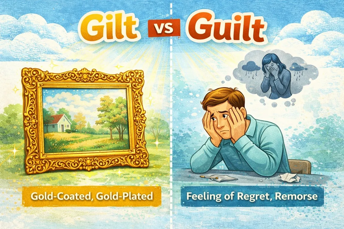 Landscape illustration comparing Gilt vs Guilt, explaining gilt as gold-coated or gold-plated objects and guilt as the emotional state of regret, shame, or remorse.