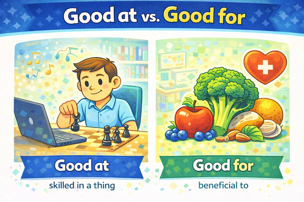 Cartoon illustration comparing good at and good for, with one scene showing skill in an activity and another showing health or benefit.
