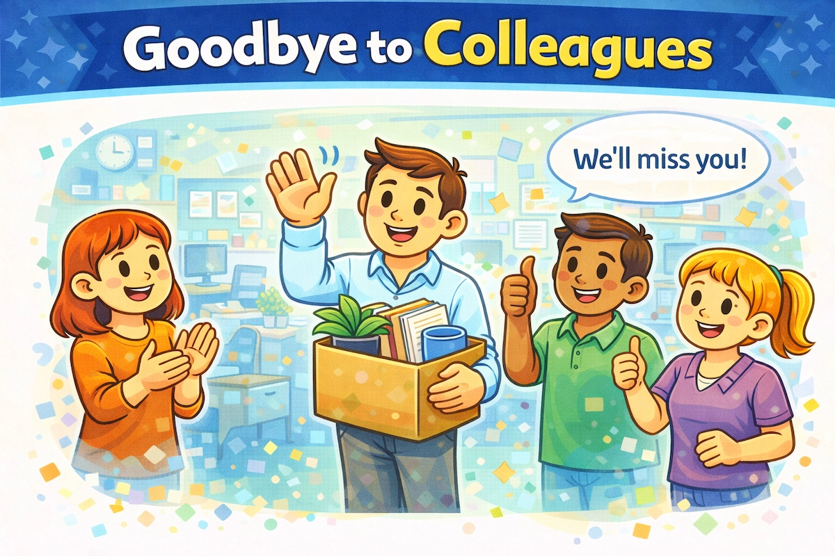 Cartoon illustration of saying goodbye to colleagues, showing coworkers waving and giving thumbs up during a friendly office farewell.
