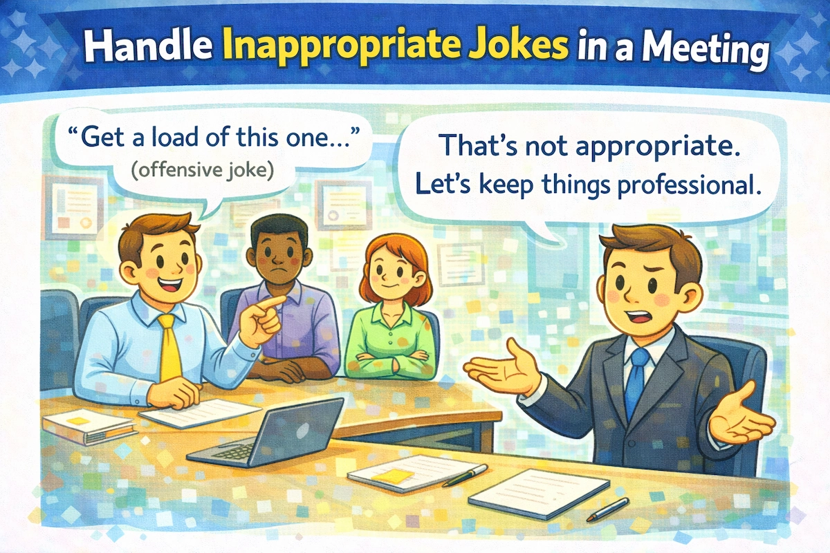 Cartoon illustration of a workplace meeting where an inappropriate joke is addressed professionally and the speaker redirects the discussion by refocusing on the agenda.