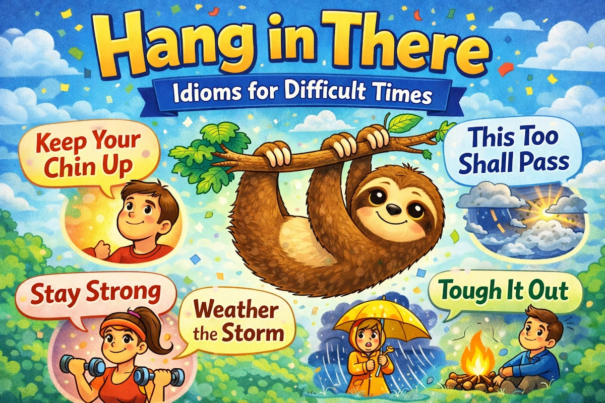Cartoon image illustrating the idiom “Hang in There” along with other idioms for difficult times, showing supportive scenes that represent staying strong, patient, and hopeful.