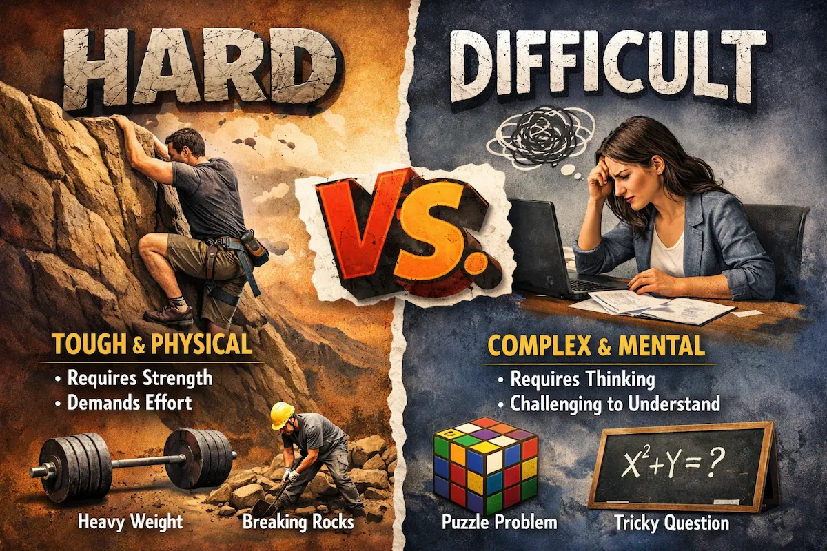 Landscape illustration comparing hard and difficult, showing physical effort on one side and mental complexity on the other to clarify meaning differences.