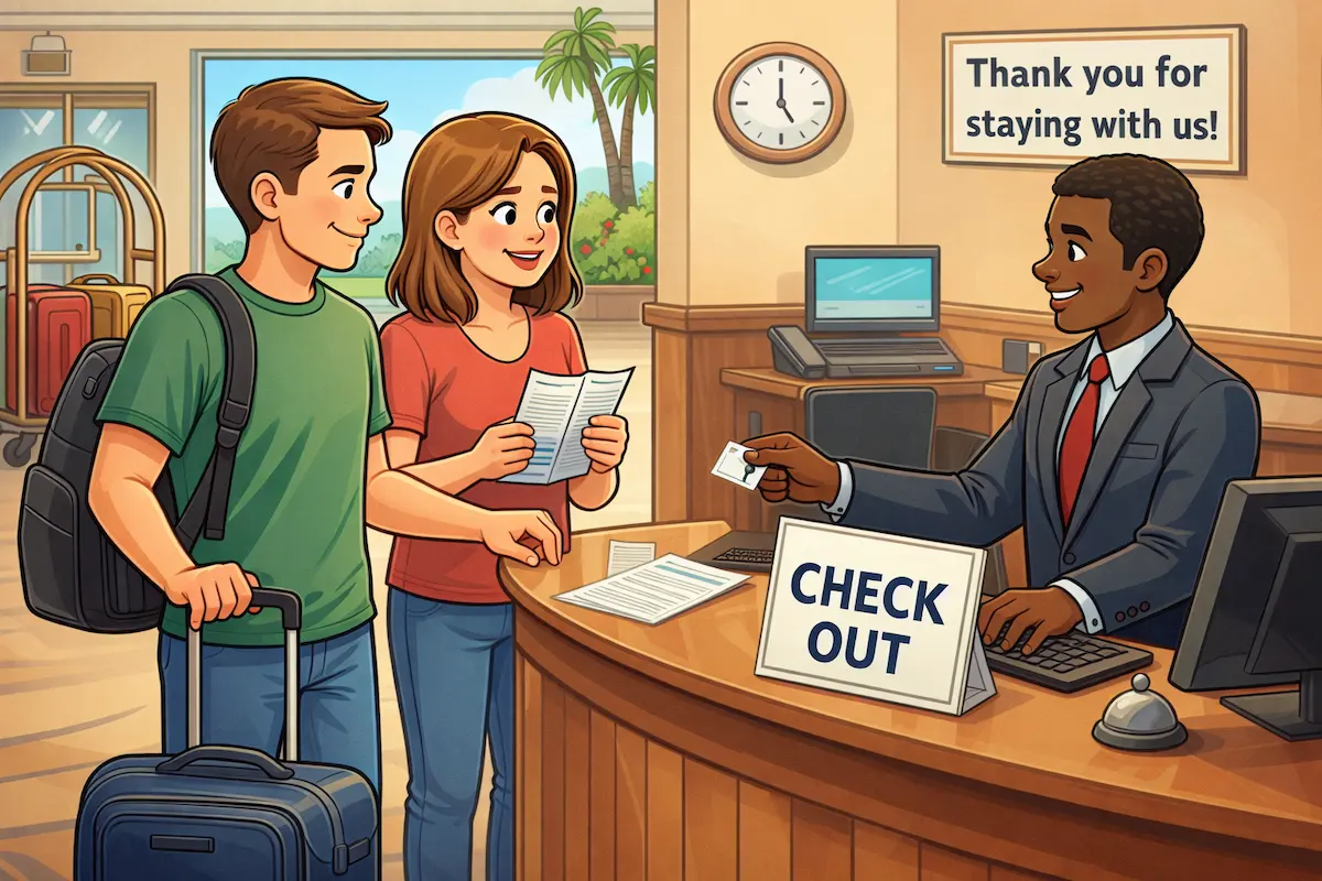 Cartoon hotel front desk scene of guests checking out, returning a key card, reviewing the bill, and preparing to leave with luggage.