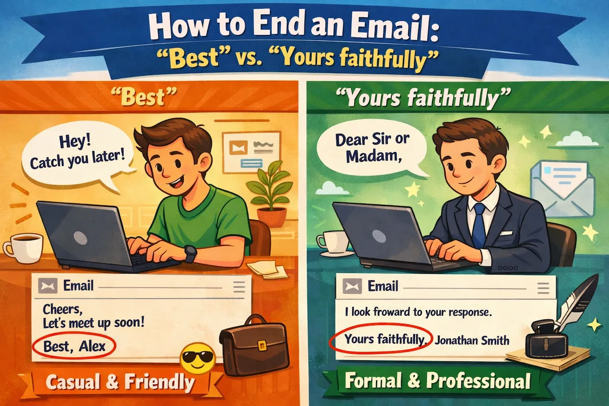 Cartoon landscape illustration comparing email sign-offs “Best” and “Yours faithfully,” showing casual versus formal tone in email writing with clear visual contrast.
