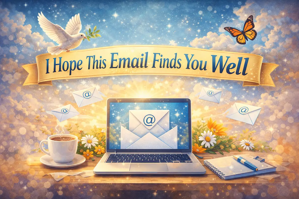 Professional illustration showing the phrase I Hope This Email Finds You Well with a laptop, envelopes, and gentle decorative elements representing polite email writing.