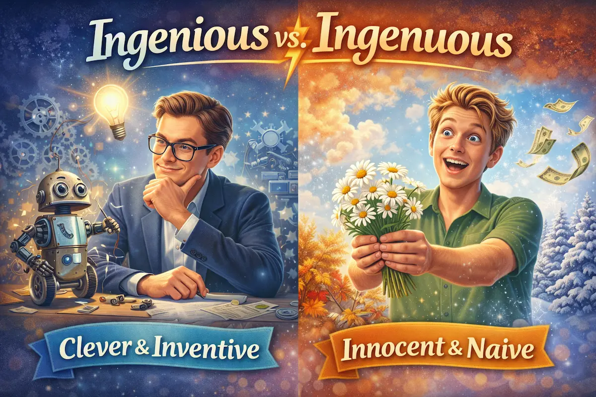 Comparison illustration showing Ingenious as clever and inventive and Ingenuous as innocent and naive, designed to explain the difference visually.