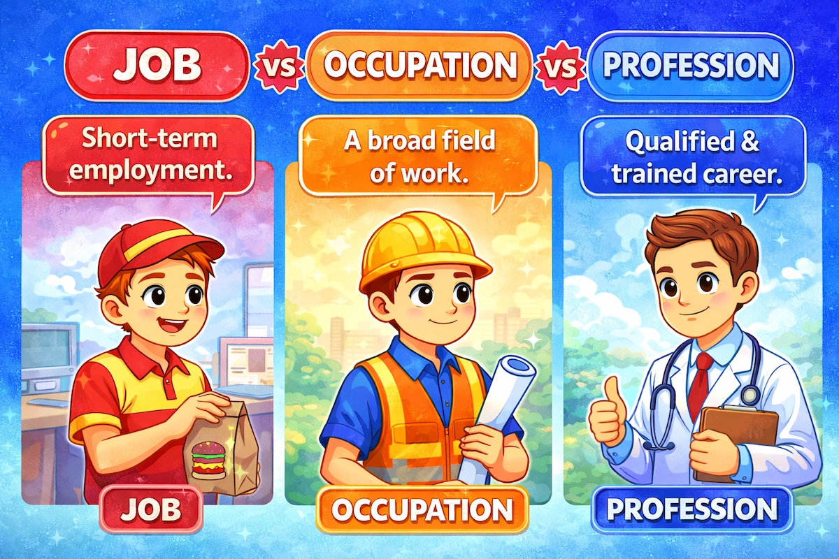 Cartoon illustration explaining the difference between job, occupation, and profession, with three characters representing short-term work, broad fields, and trained careers.