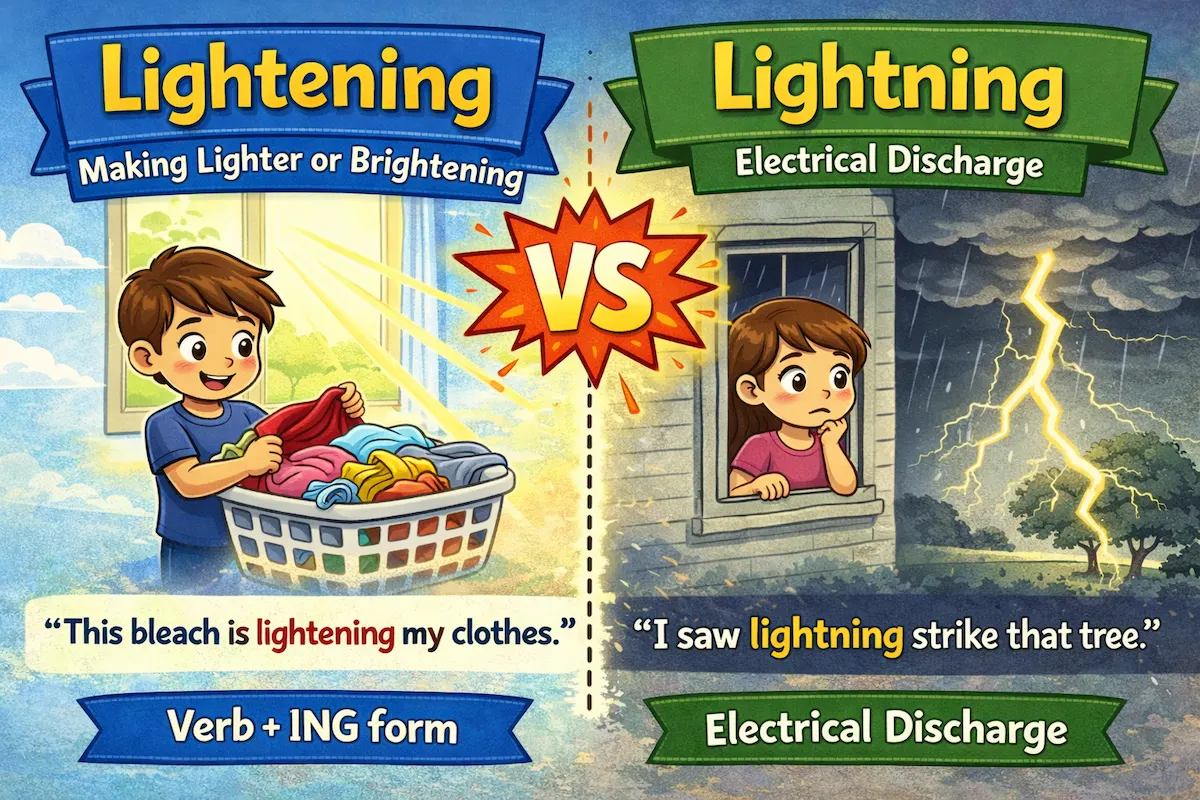 Cartoon landscape illustration explaining lightening vs lightning, contrasting brightening clothes with bleach and a lightning bolt striking during a storm.