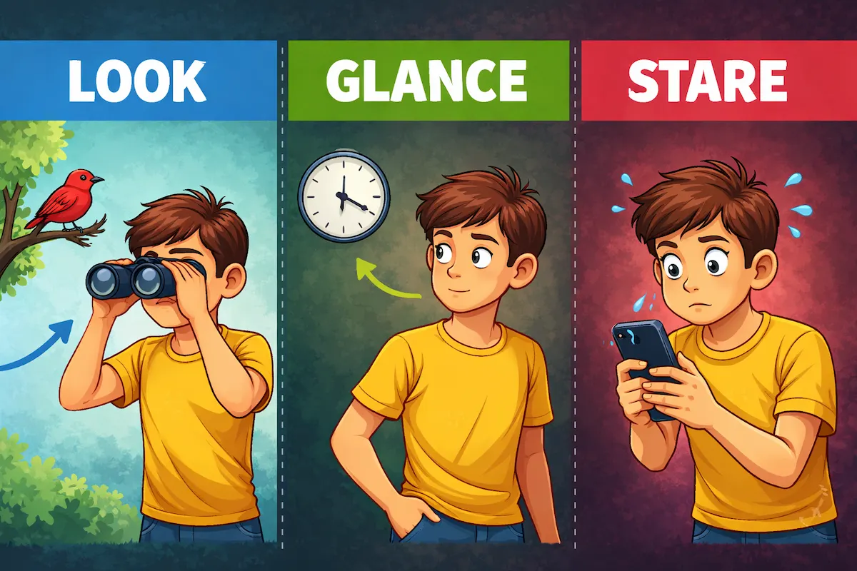Landscape illustration comparing Look, Glance, and Stare, showing focused looking, quick side glancing, and intense staring with clear visual cues.