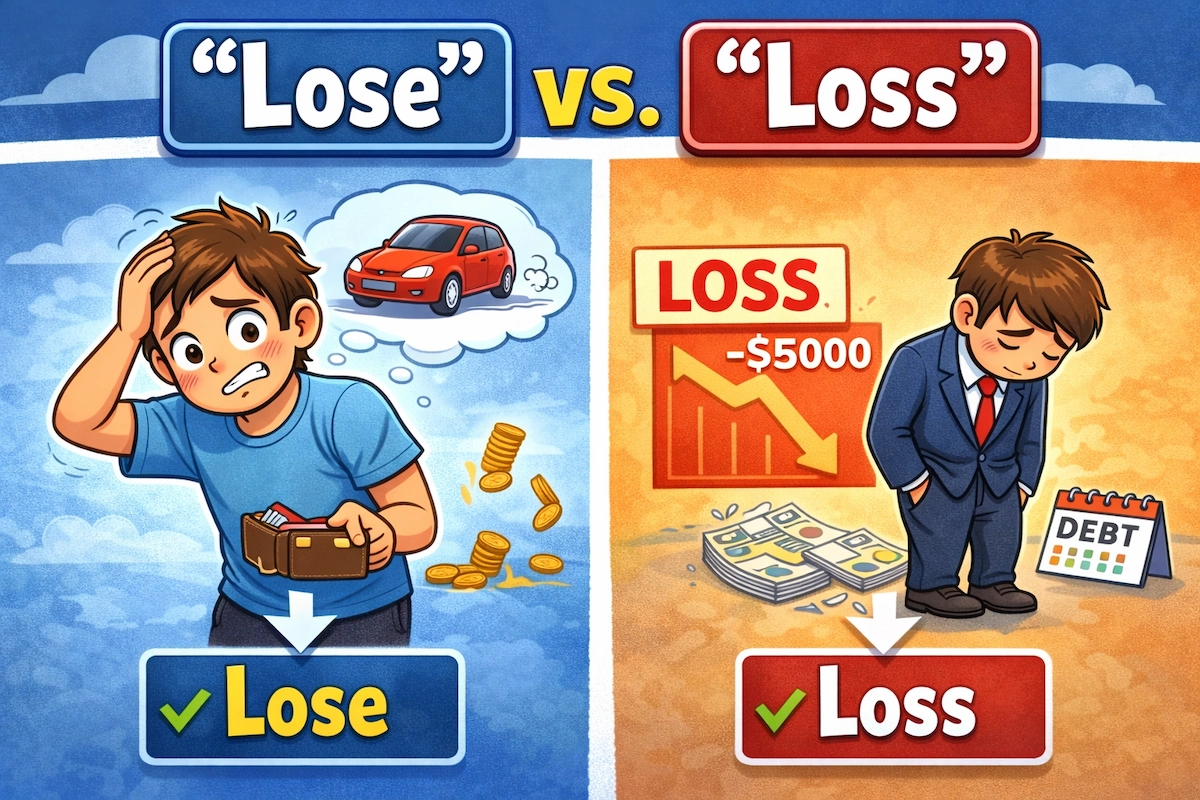 Educational cartoon comparing lose and loss, showing lose as misplacing money and loss as a financial decrease, designed to help English learners avoid confusion.