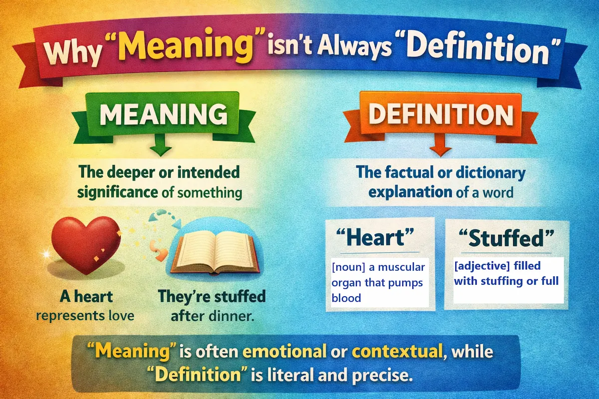 Landscape educational illustration showing the difference between meaning and definition, with examples that contrast emotional or contextual meaning against strict dictionary definitions.
